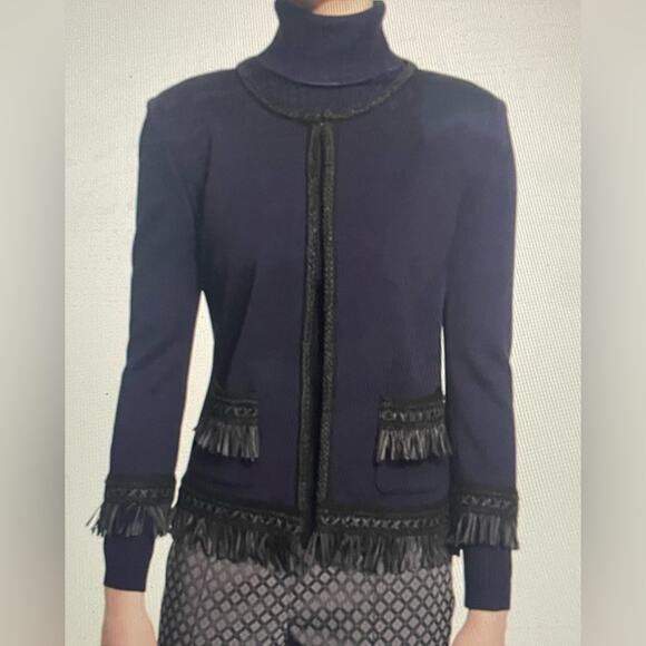 St. John Navy Wool Fringe 3/4 Sleeve Blazer (Sz 10) and Pant (Sz 12) Set - Picture 2 of 15